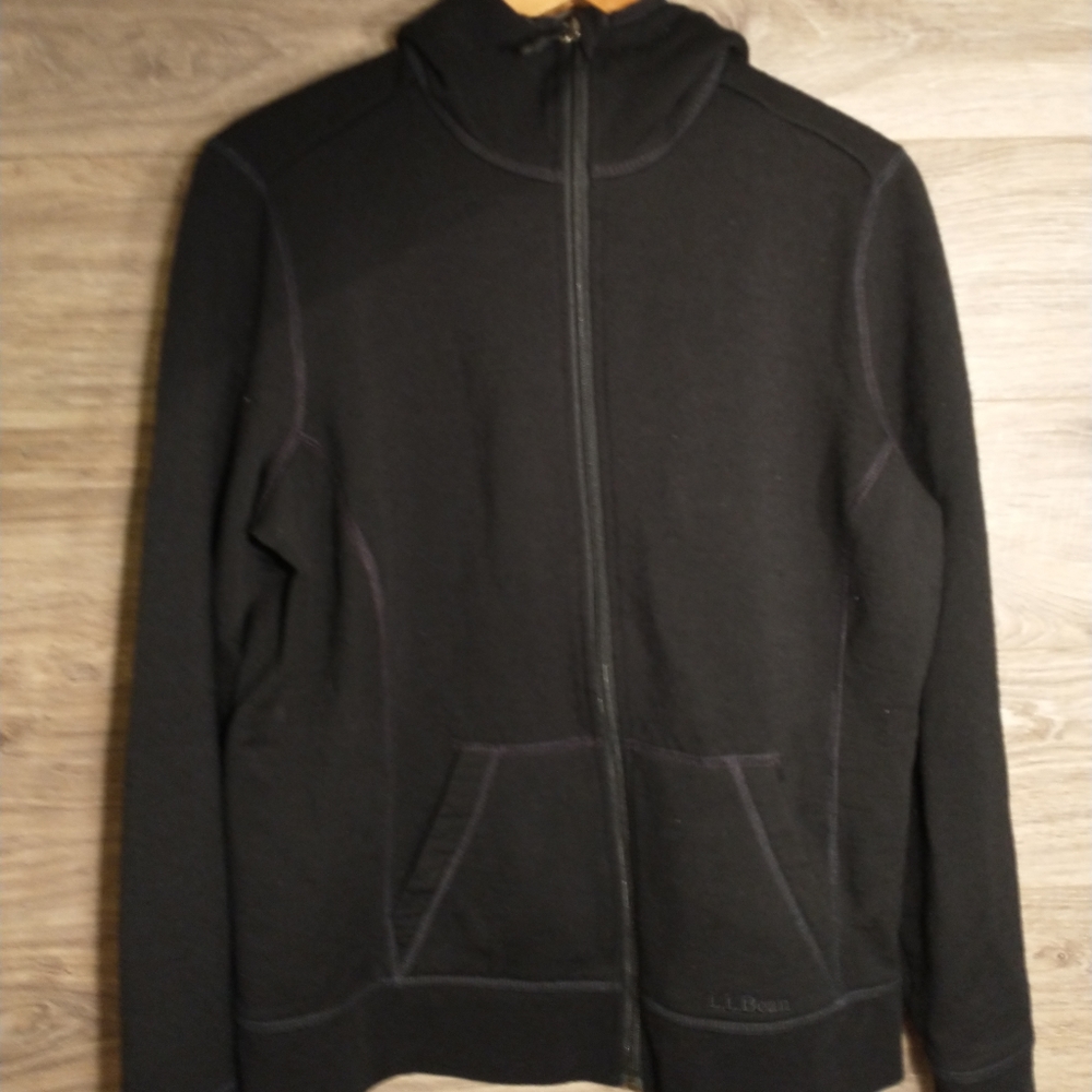 L.L.Bean Black Merino Wool Hoodie, Medium